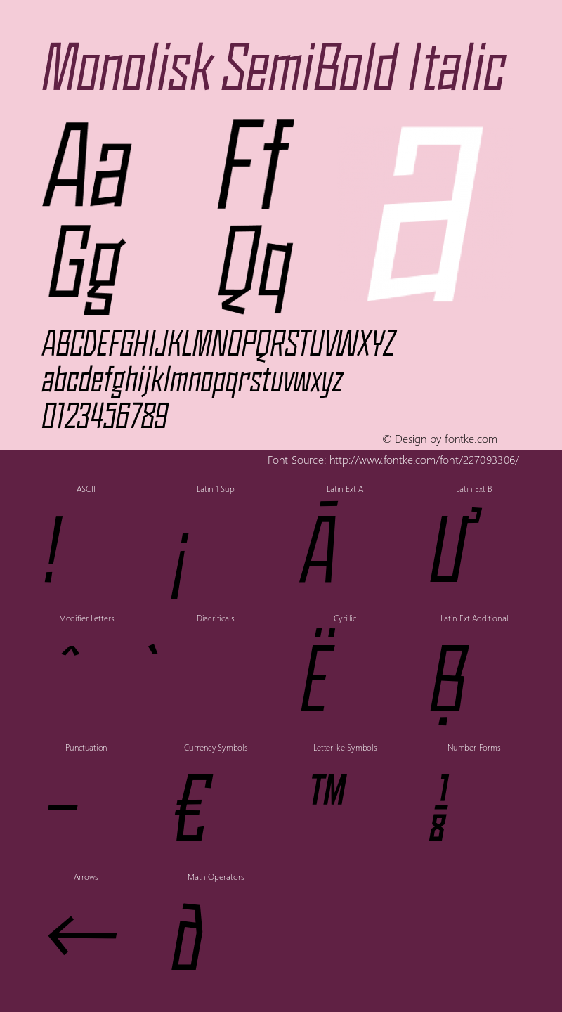 Monolisk SemiBold Italic Version 1.560;PS 001.560;hotconv 1.0.88;makeotf.lib2.5.64775图片样张