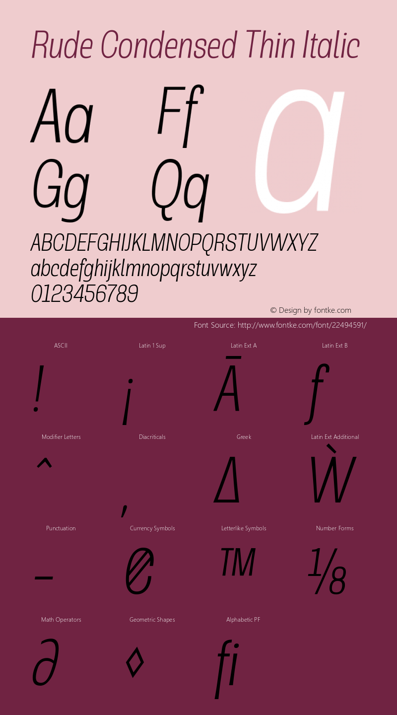 Rude Condensed Thin Italic Version 1.000 Font Sample