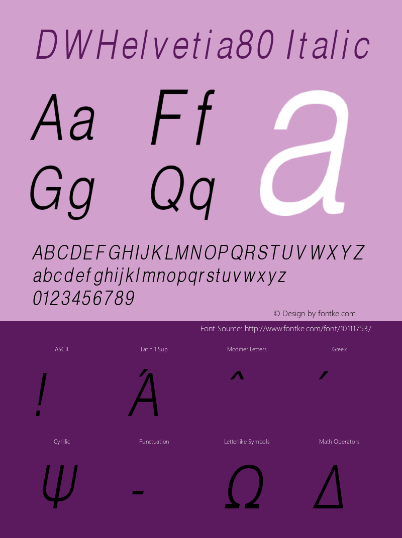 DWHelvetia80 Italic 10/26/2002 Font Sample