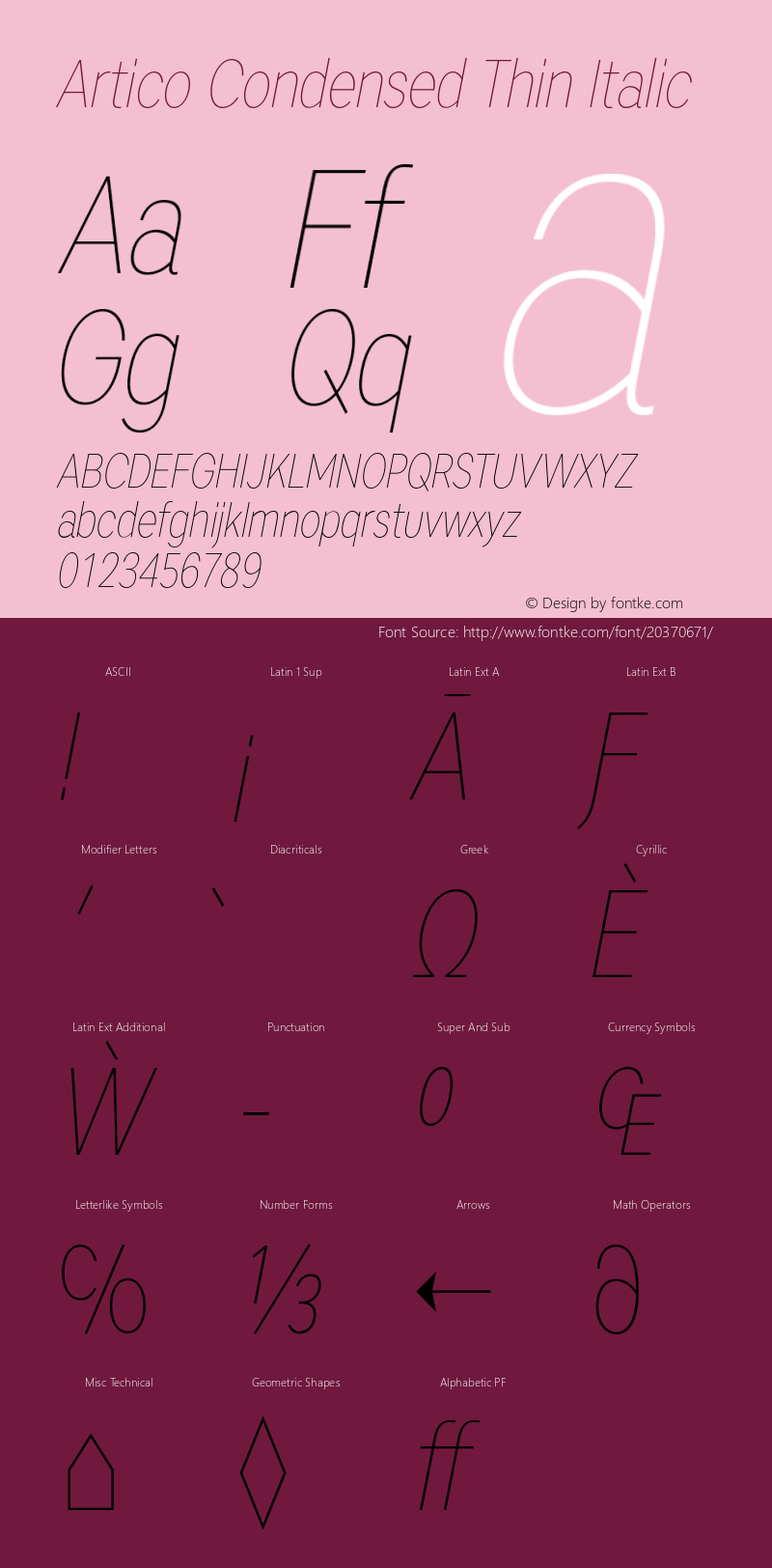 Artico Condensed Thin Italic Version 1.000 Font Sample