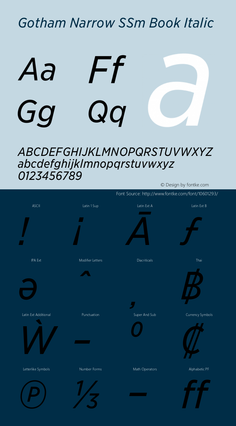 Gotham Narrow SSm Book Italic Version 1.200 Font Sample