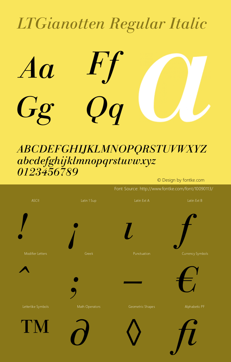 LTGianotten Regular Italic Version 1.0; 2000; initial release Font Sample