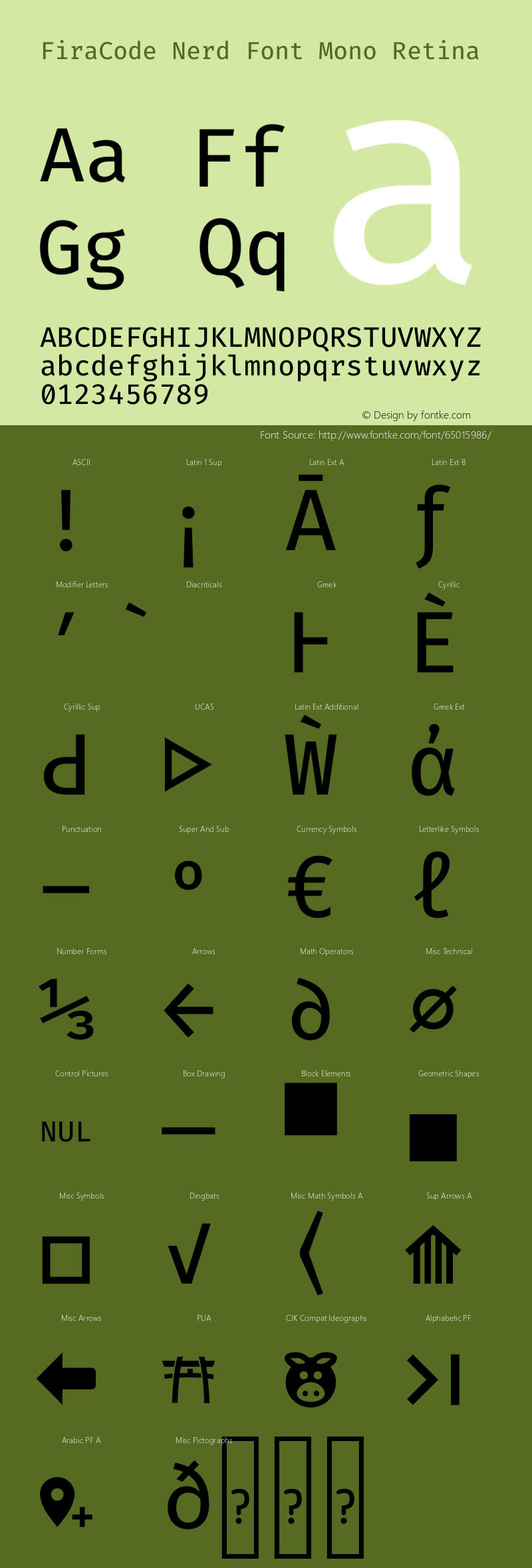 Fira Code Retina Nerd Font Complete Mono Version 2.000;PS 002.000;hotconv 1.0.88;makeotf.lib2.5.64775 Font Sample