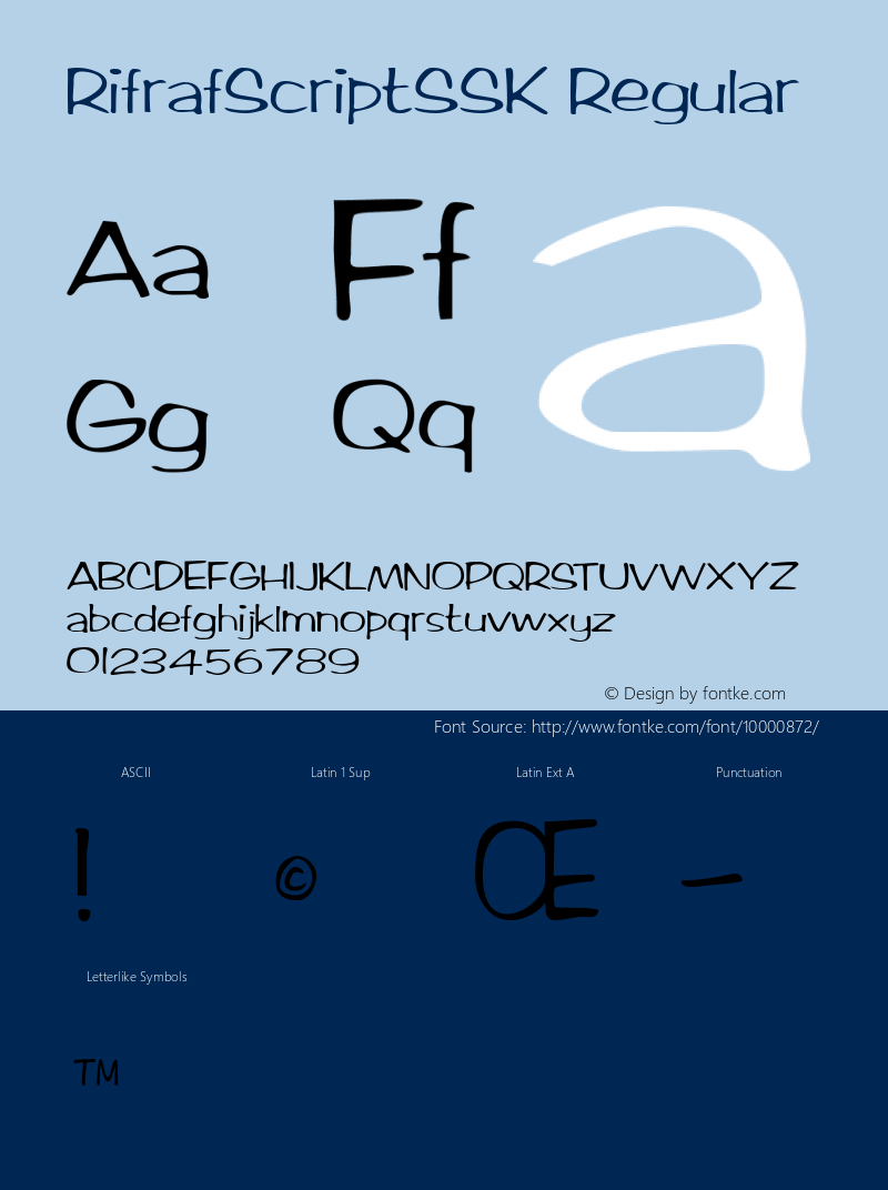 RifrafScriptSSK Regular Macromedia Fontographer 4.1 8/13/95 Font Sample