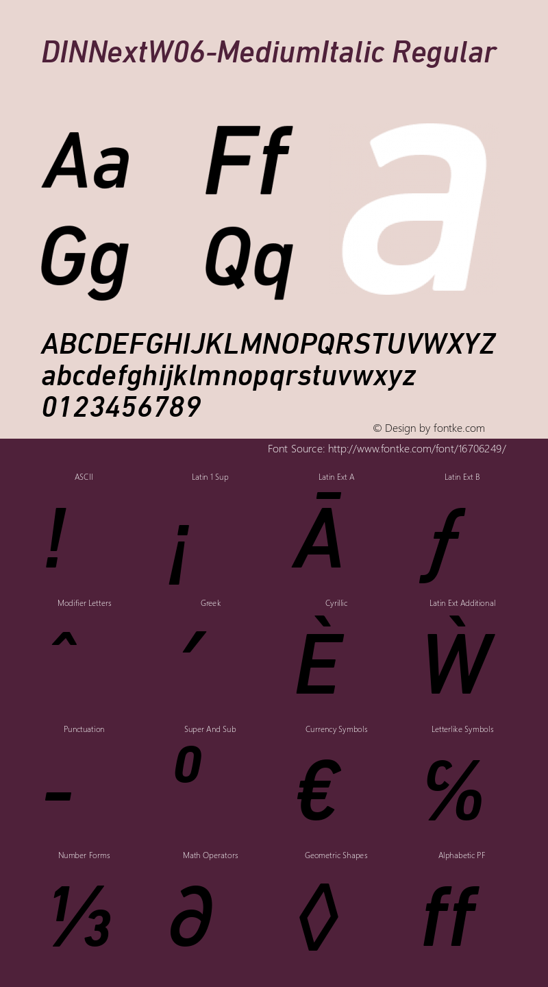 DINNextW06-MediumItalic Regular Version 1.00 Font Sample