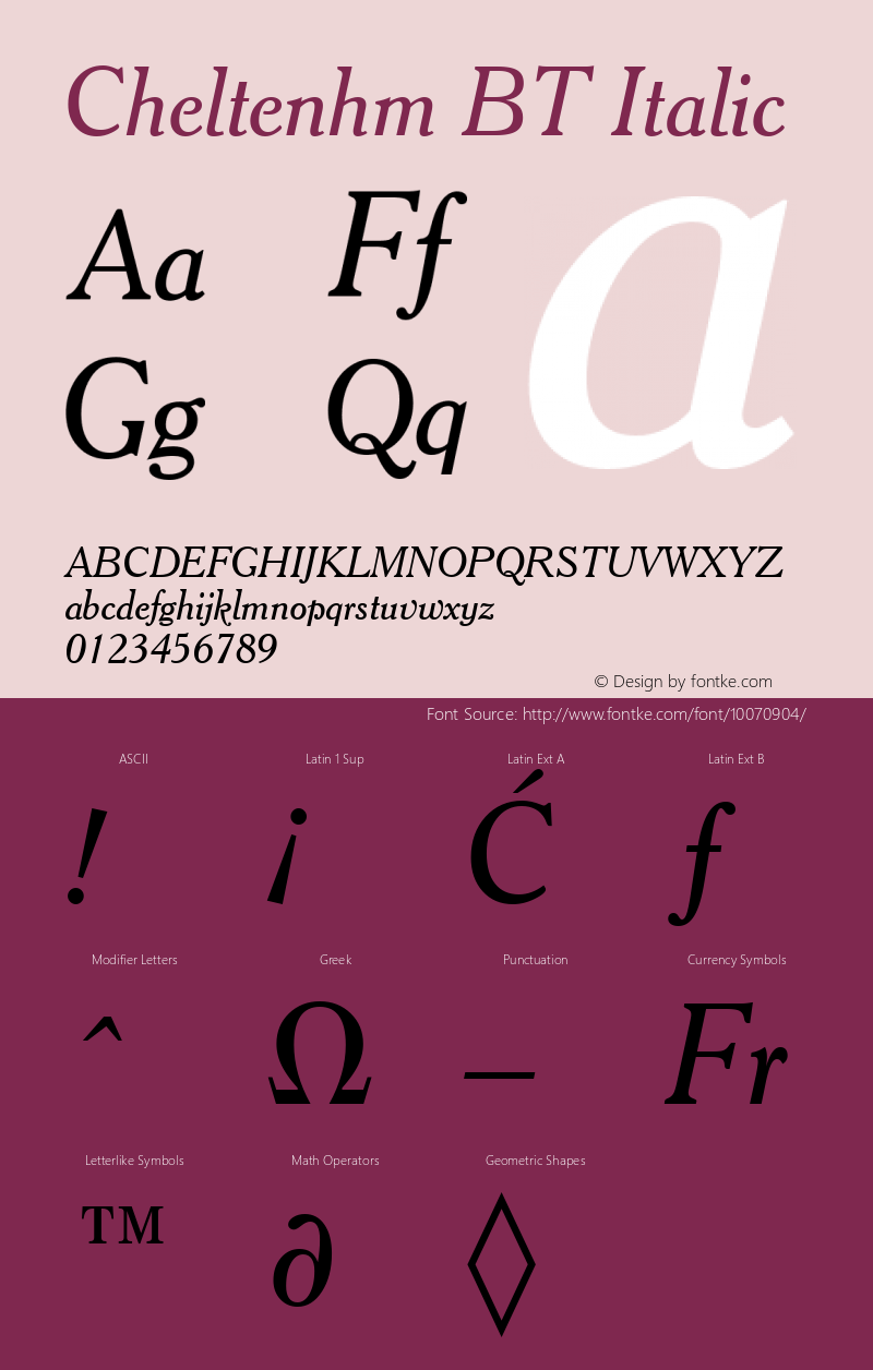 Cheltenhm BT Italic mfgpctt-v4.4 Nov 27 1998 Font Sample