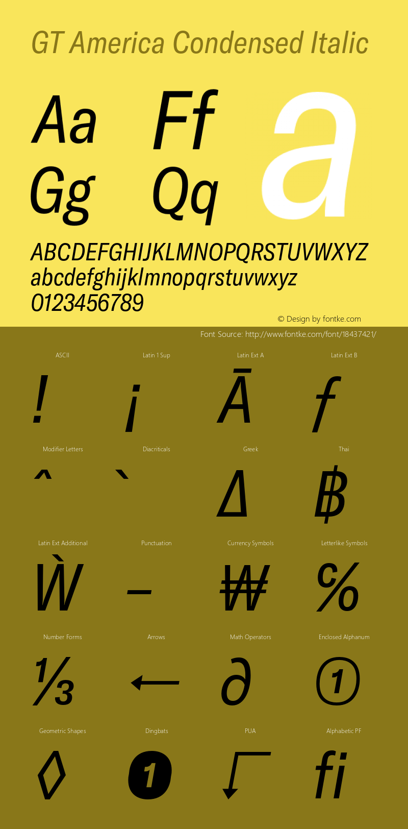 GT America Condensed Italic Version 4.001;PS 004.001;hotconv 1.0.88;makeotf.lib2.5.64775 Font Sample