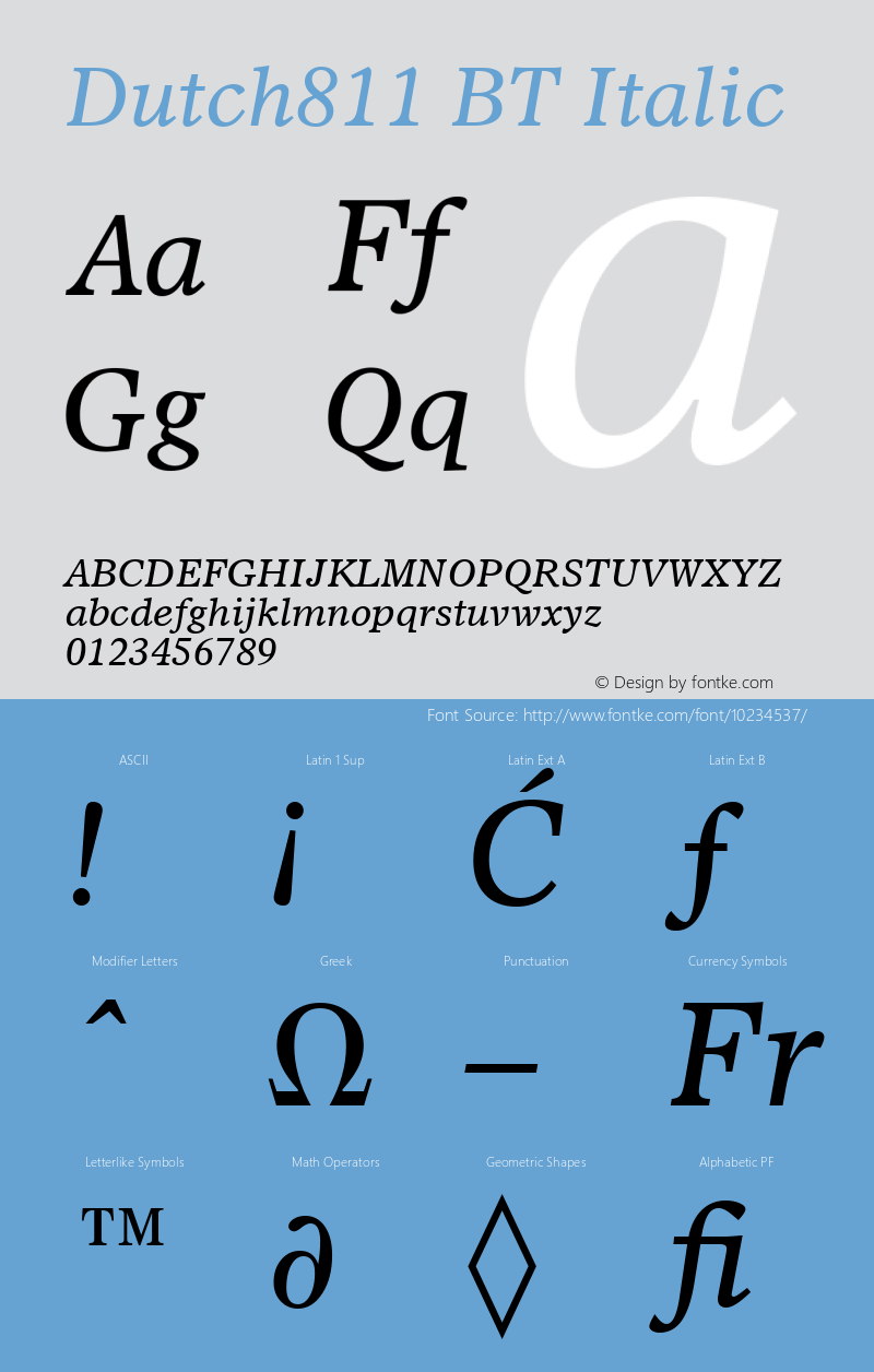 Dutch811 BT Italic Version 1.01 emb4-OT Font Sample