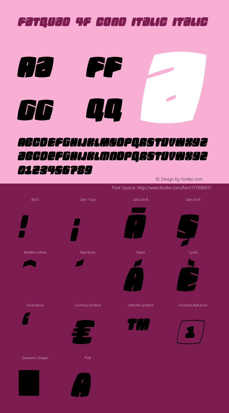 Fatquad 4F Cond Italic Italic Version 1.000 Font Sample