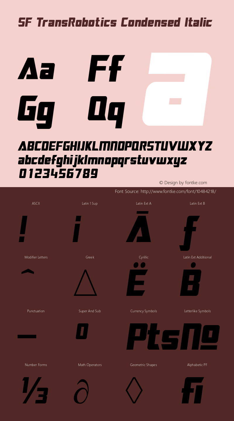 SF TransRobotics Condensed Italic Version 2.000 Font Sample