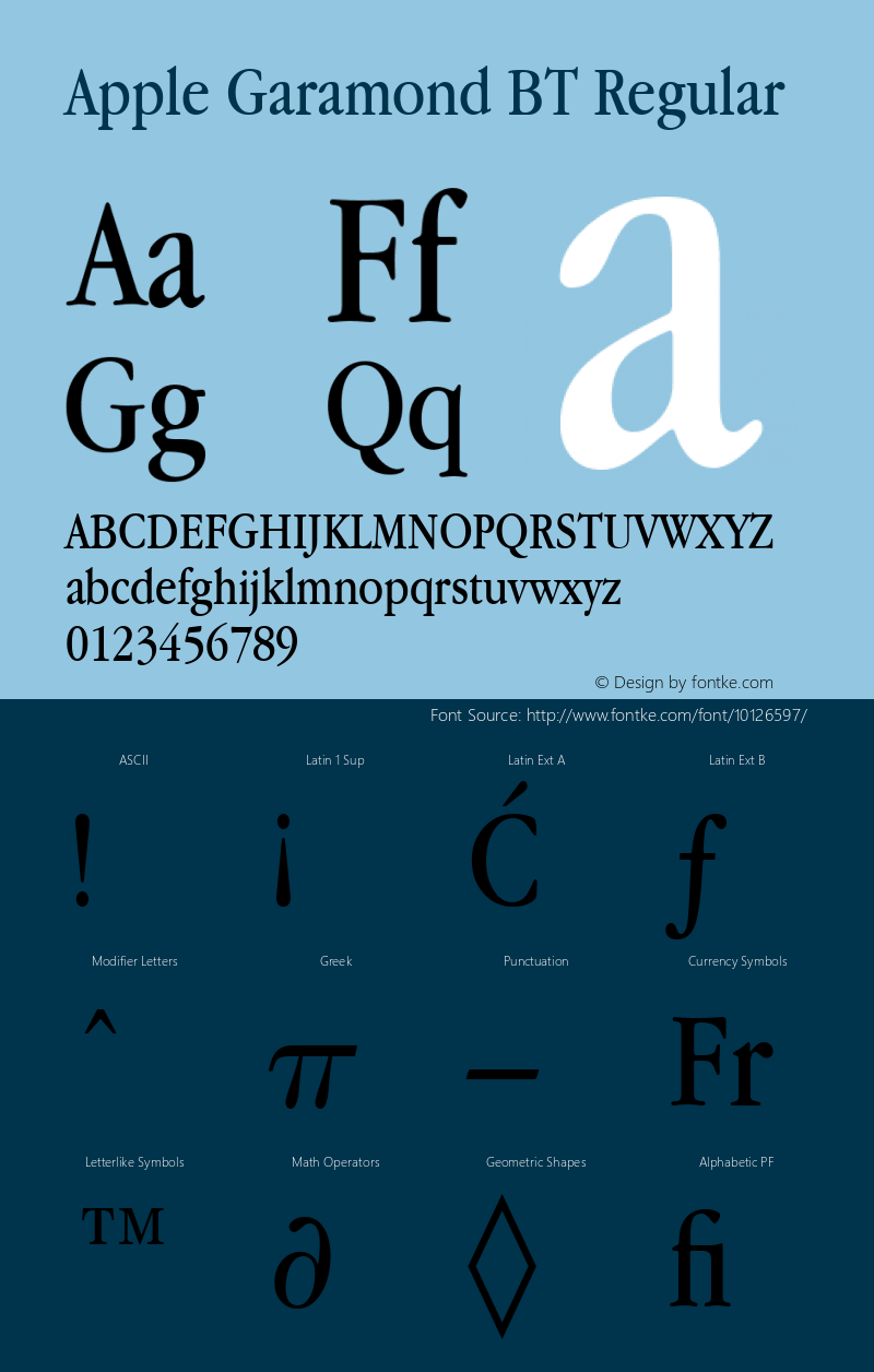 Apple Garamond BT Regular 3.7d1 Font Sample