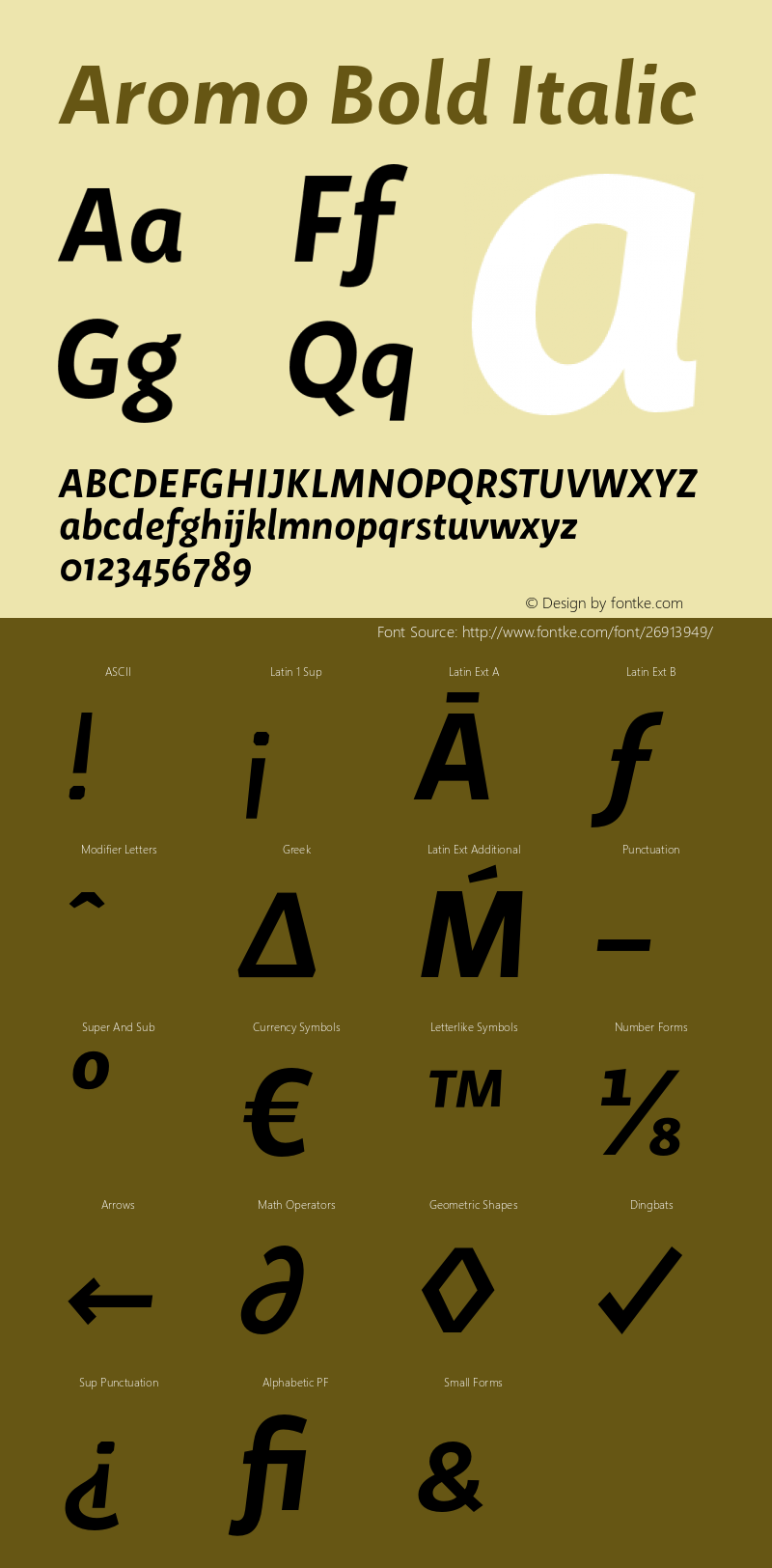 Aromo Bold Italic Version 1.002;PS 001.002;hotconv 1.0.70;makeotf.lib2.5.58329 Font Sample