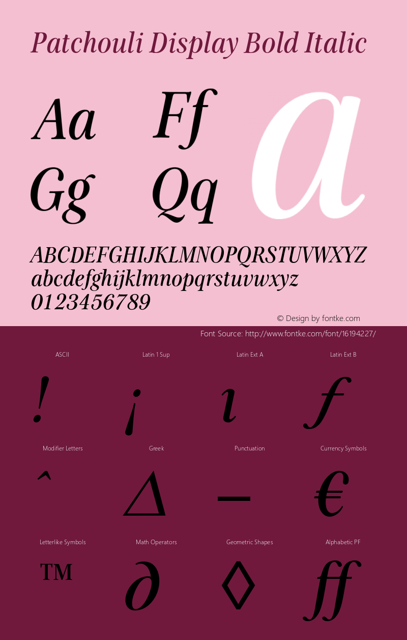 Patchouli Display Bold Italic Version 1.000 Font Sample