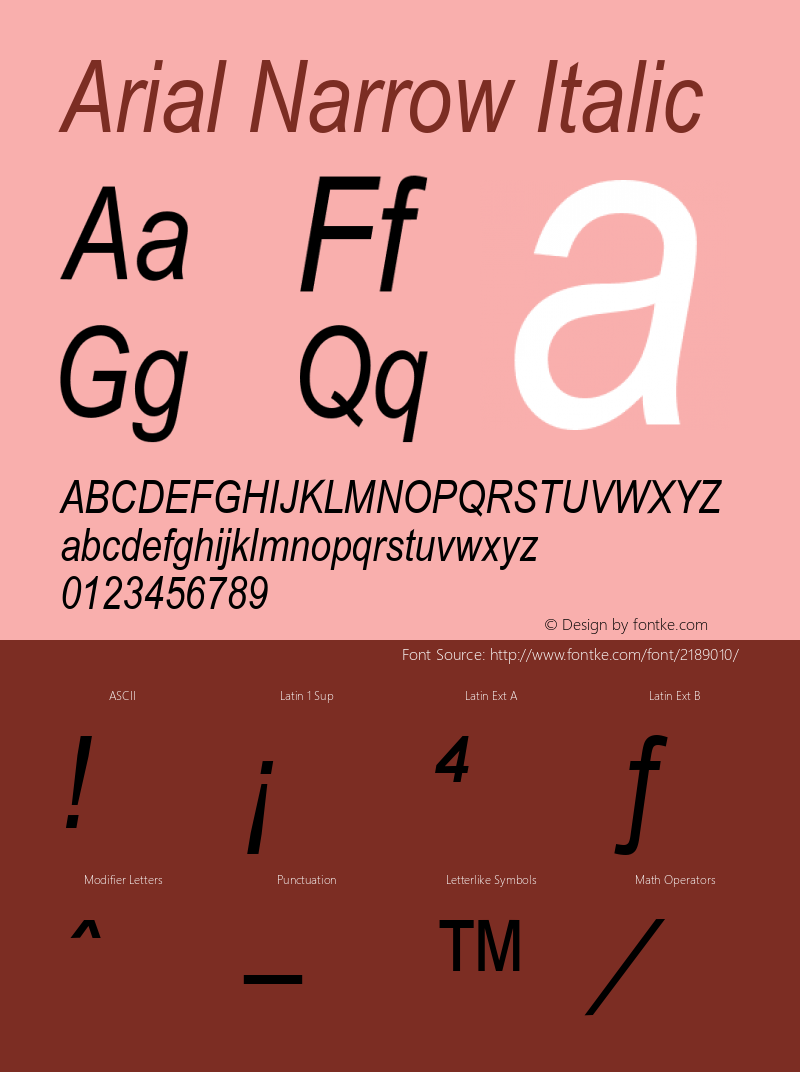Arial Narrow Italic Version 1.01 Font Sample