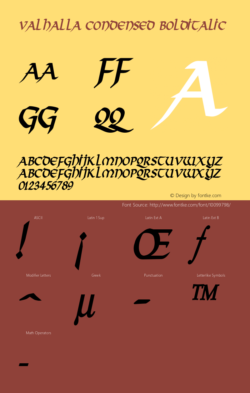 Valhalla Condensed BoldItalic Altsys Fontographer 4.1 1/10/95 Font Sample