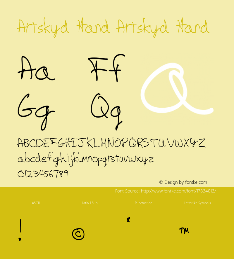 Artskyd Hand Artskyd Hand Version 1.004 Font Sample