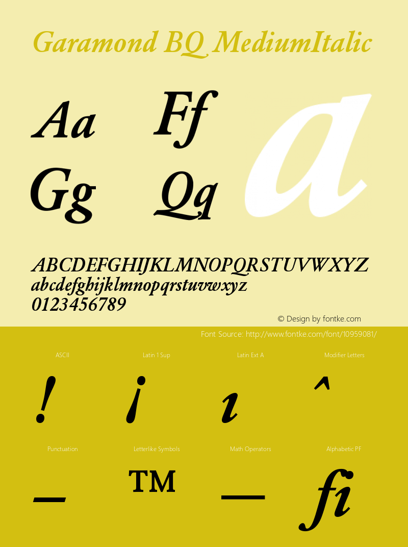 Garamond BQ MediumItalic Version 001.000 Font Sample