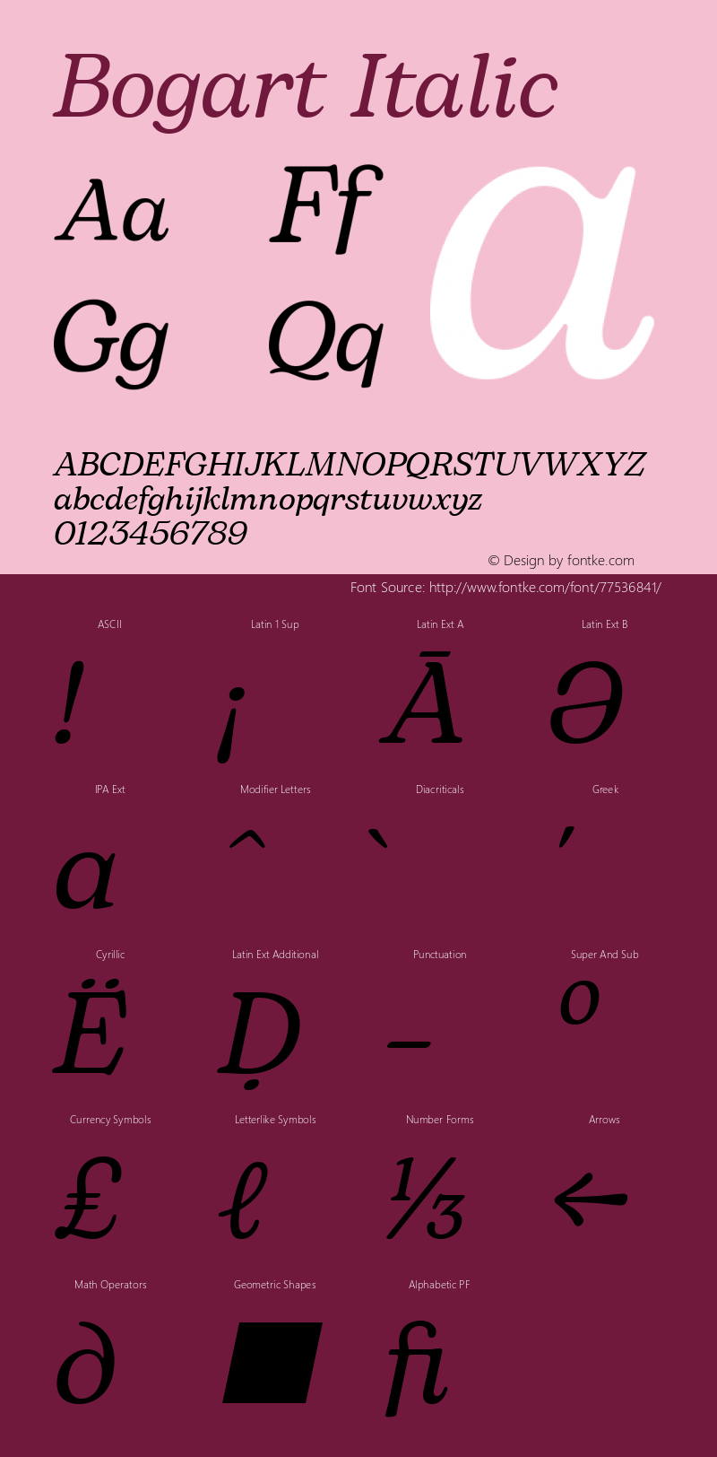 Bogart Italic Version 1.000;hotconv 1.0.109;makeotfexe 2.5.65596 Font Sample