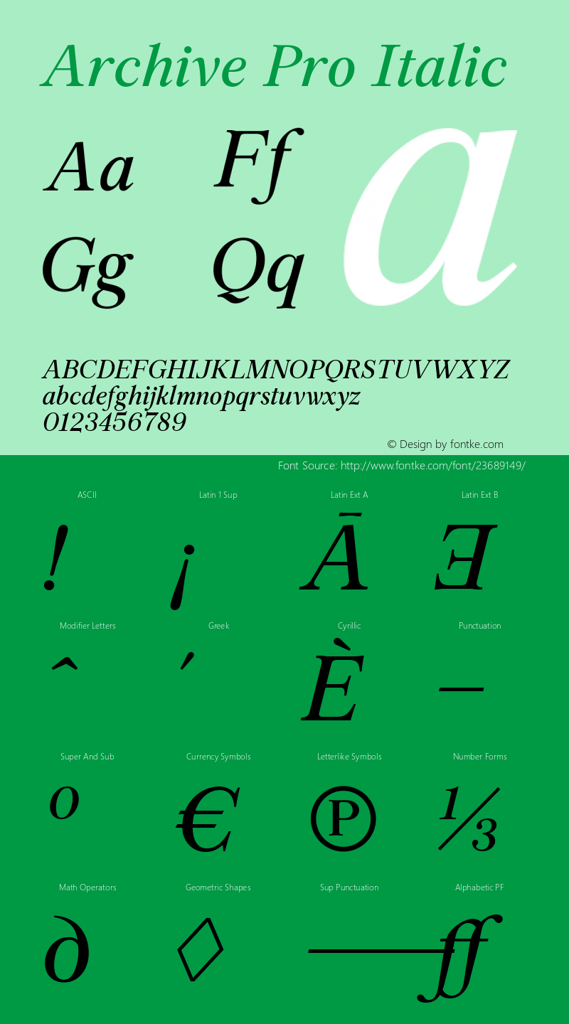 Archive Pro Italic Version 1.002; ttfautohint (v1.5) Font Sample