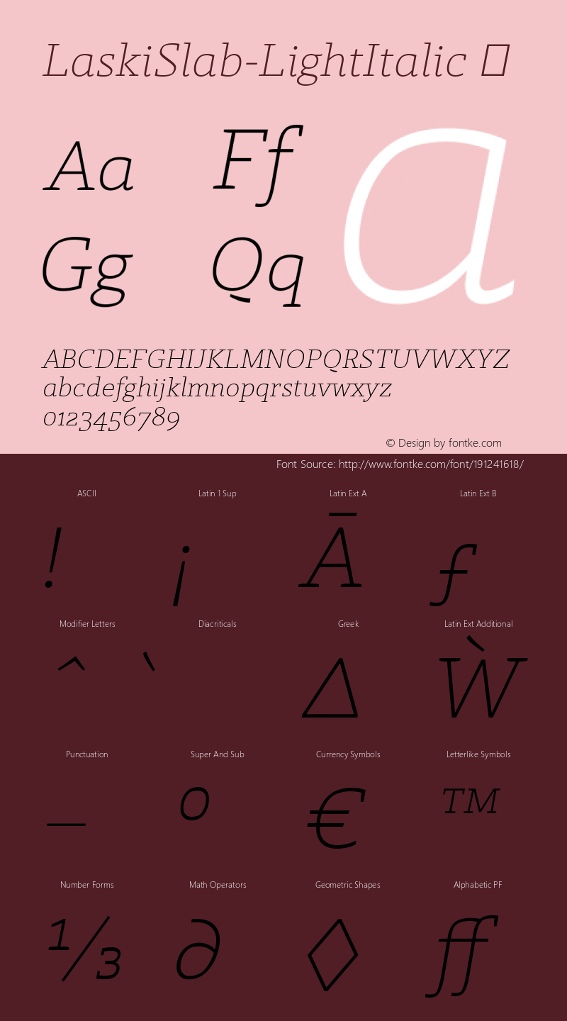 ☞LaskiSlab-LightItalic Version 1.000; ttfautohint (v1.00rc1) -l 8 -r 50 -G 200 -x 14 -D latn -f none -w gGD;com.myfonts.easy.re-type.laski-slab.light-italic.wfkit2.version.4bDf图片样张