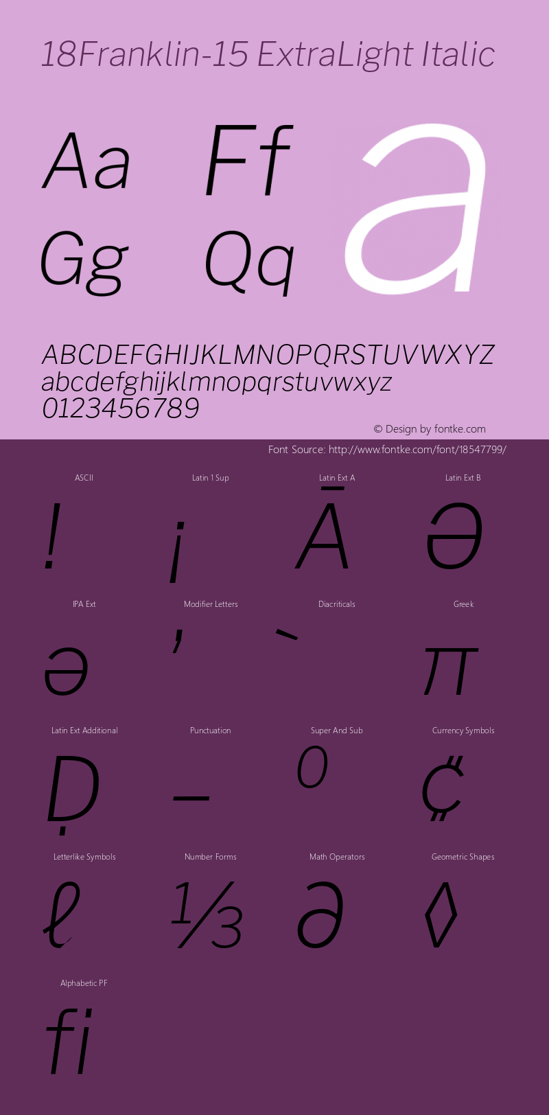 18Franklin-15 ExtraLight Italic Version 1.015;PS 001.015;hotconv 1.0.88;makeotf.lib2.5.64775 Font Sample