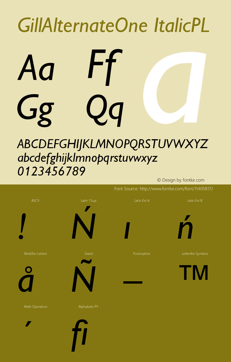 GillAlternateOne ItalicPL Version 001.000 Font Sample