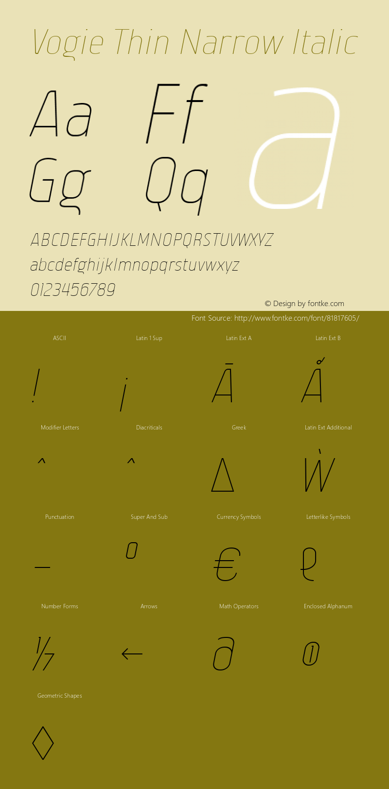 Vogie Thin Narrow Italic Version 1.000 Font Sample