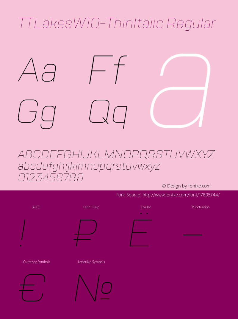 TTLakesW10-ThinItalic Regular Version 1.00 Font Sample