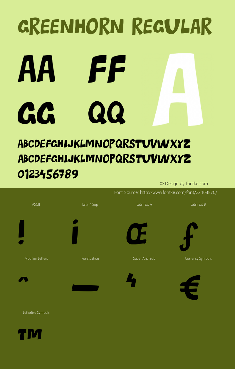 Greenhorn Version 1.000 2011 initial release Font Sample