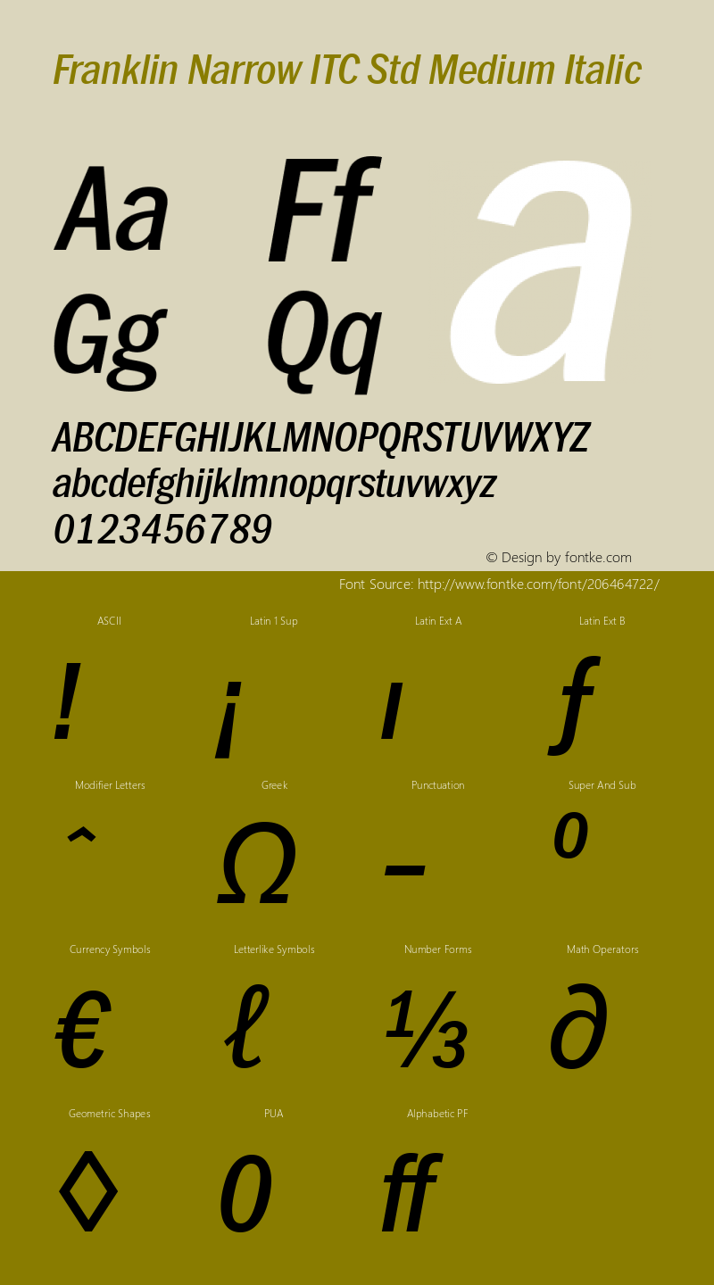 Franklin Narrow ITC Std Medium Italic Version 1.01图片样张