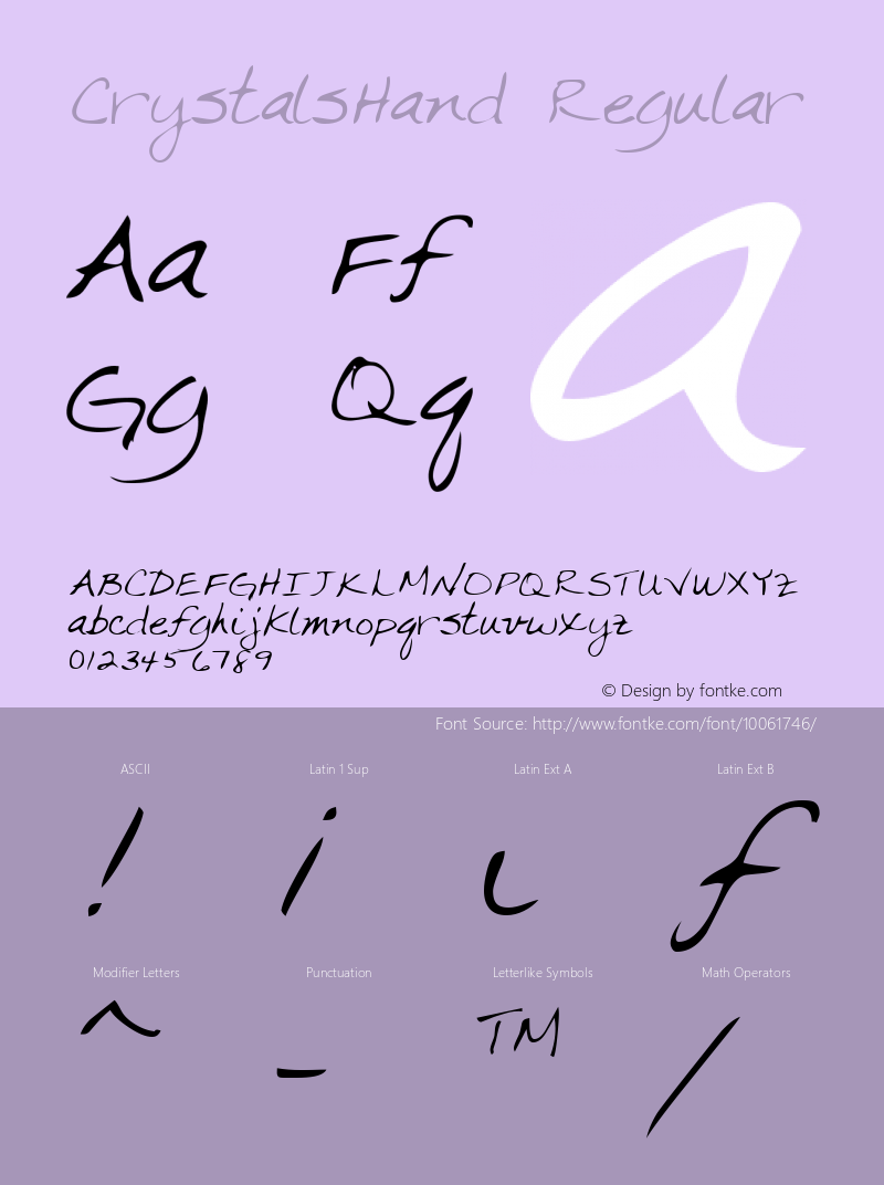 CrystalsHand Regular Handwriting KeyFonts, Copyright (c)1995 SoftKey Multimedia, Inc., a subsidiary of SoftKey International, Inc. Font Sample