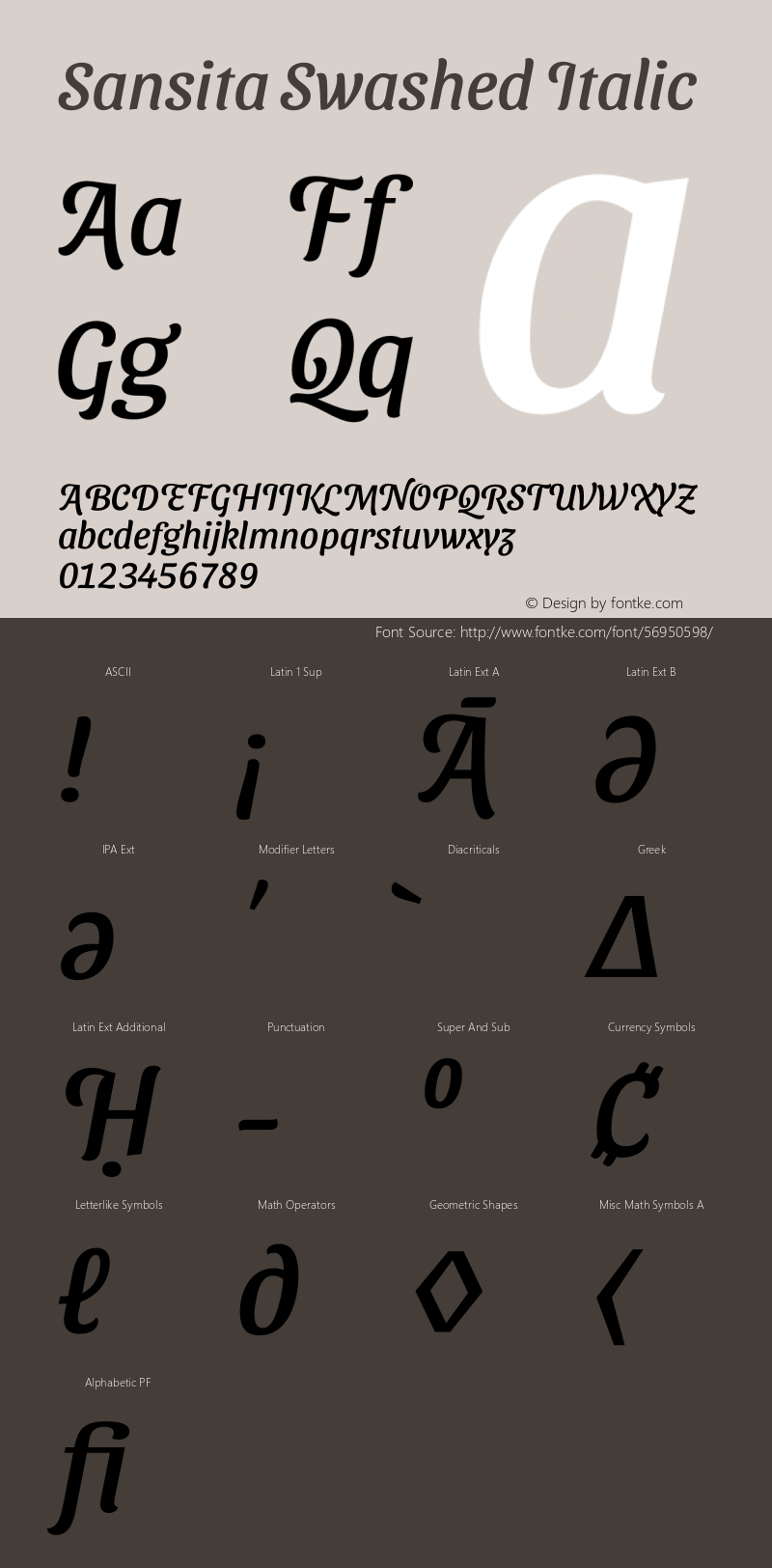 Sansita Swashed Italic Version 1.005;hotconv 1.0.109;makeotfexe 2.5.65596 Font Sample