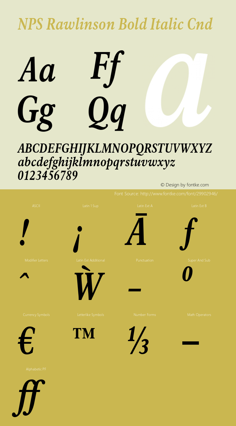 NPSRawlinson-BoldItalicCnd Version 001.002 Font Sample