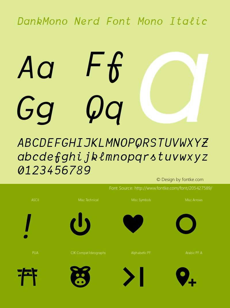 Dank Mono Italic Nerd Font Complete Mono Version 0.491;PS 000.491;hotconv 1.0.88;makeotf.lib2.5.64775图片样张