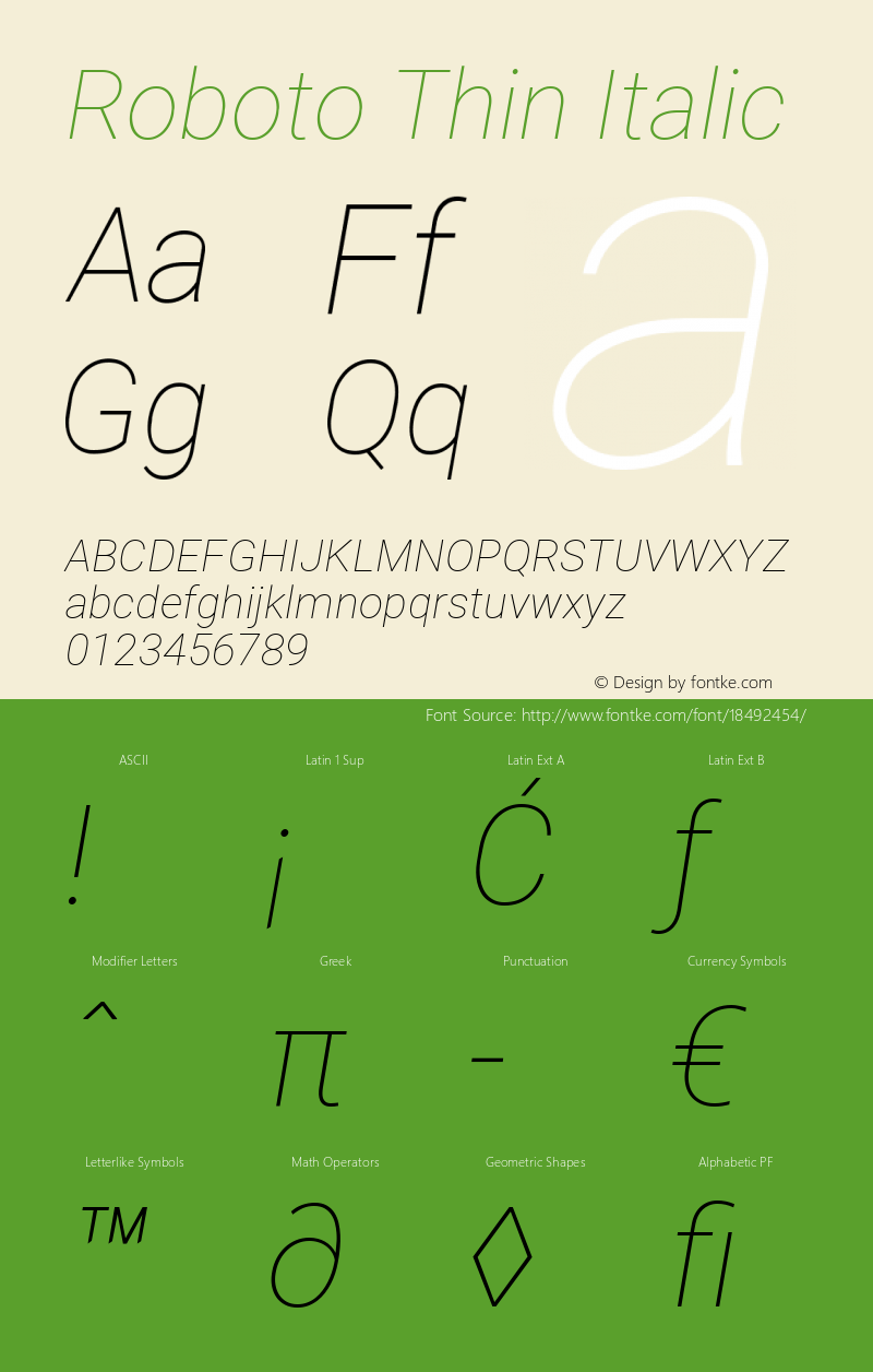 Roboto Thin Italic Version 2.000980; 2014 Font Sample