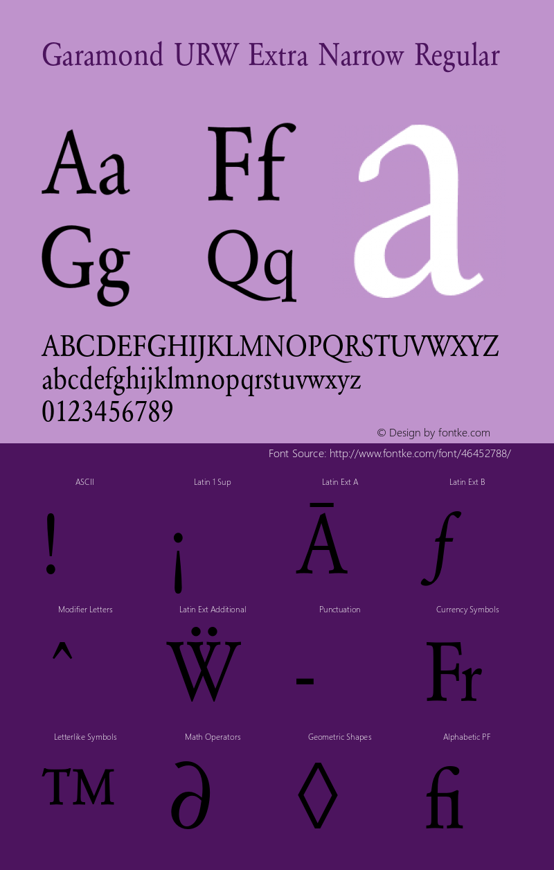 GaramondURWExtNar-Reg Version 1.000;PS 1.00;hotconv 1.0.57;makeotf.lib2.0.21895 Font Sample