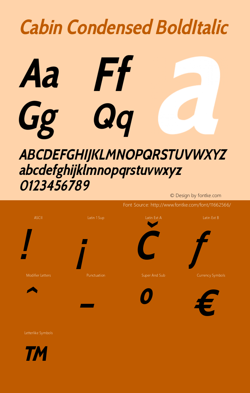 Cabin Condensed BoldItalic Version 1.006 Font Sample