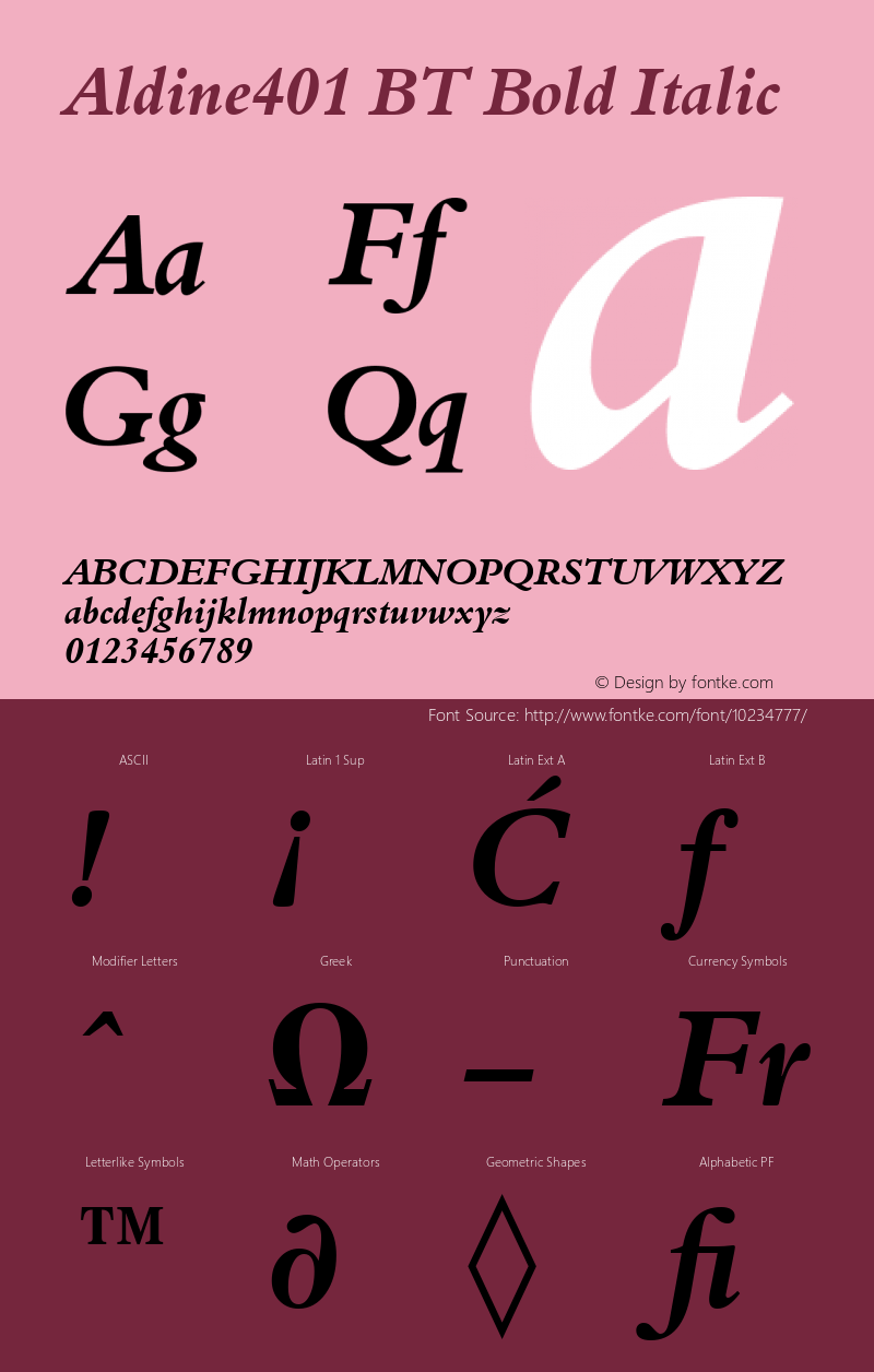 Aldine401 BT Bold Italic Version 1.01 emb4-OT Font Sample