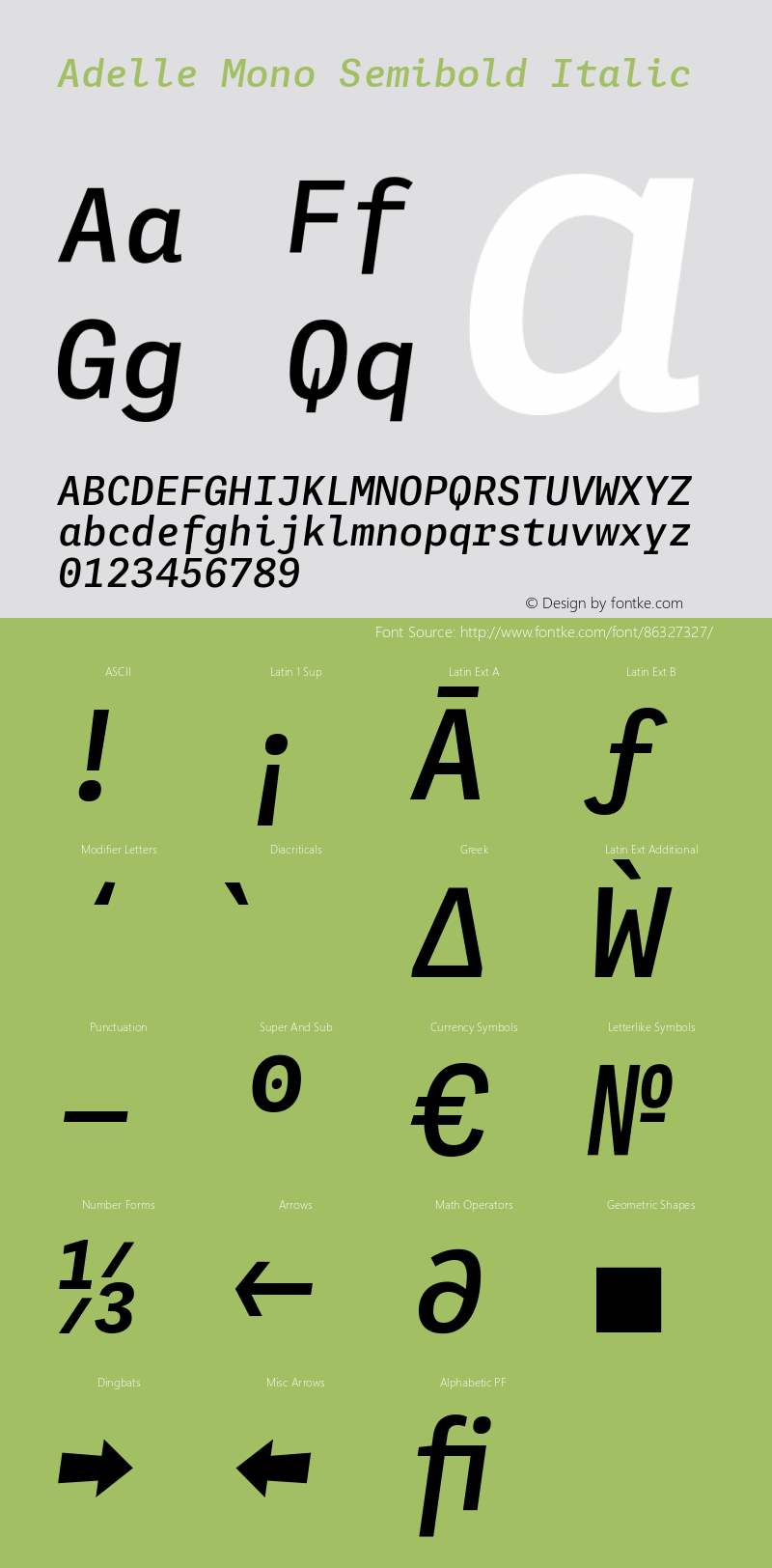 Adelle Mono Semibold Italic Version 1.001;hotconv 1.0.114;makeotfexe 2.5.65599 Font Sample