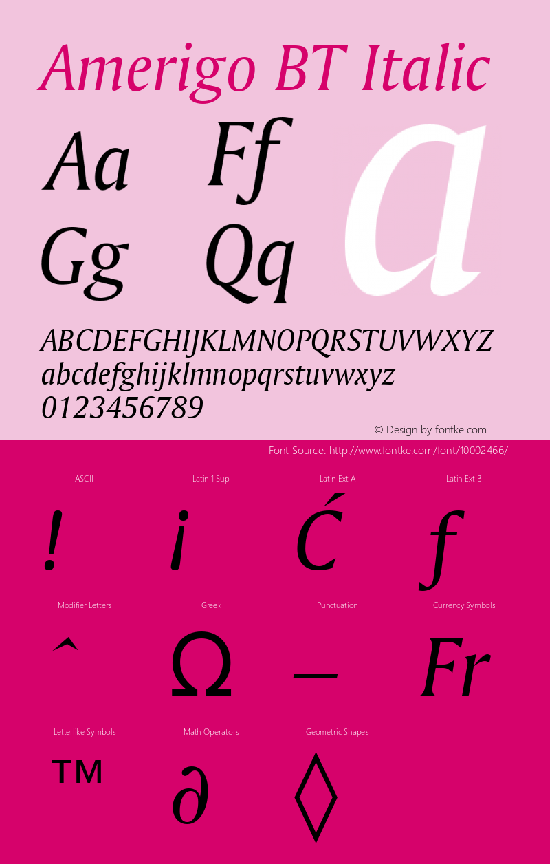 Amerigo BT Italic mfgpctt-v4.4 Jan 4 1999 Font Sample