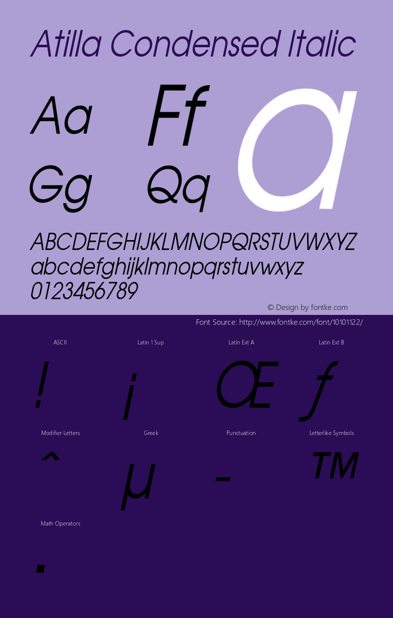 Atilla Condensed Italic Altsys Fontographer 4.1 1/27/95 Font Sample