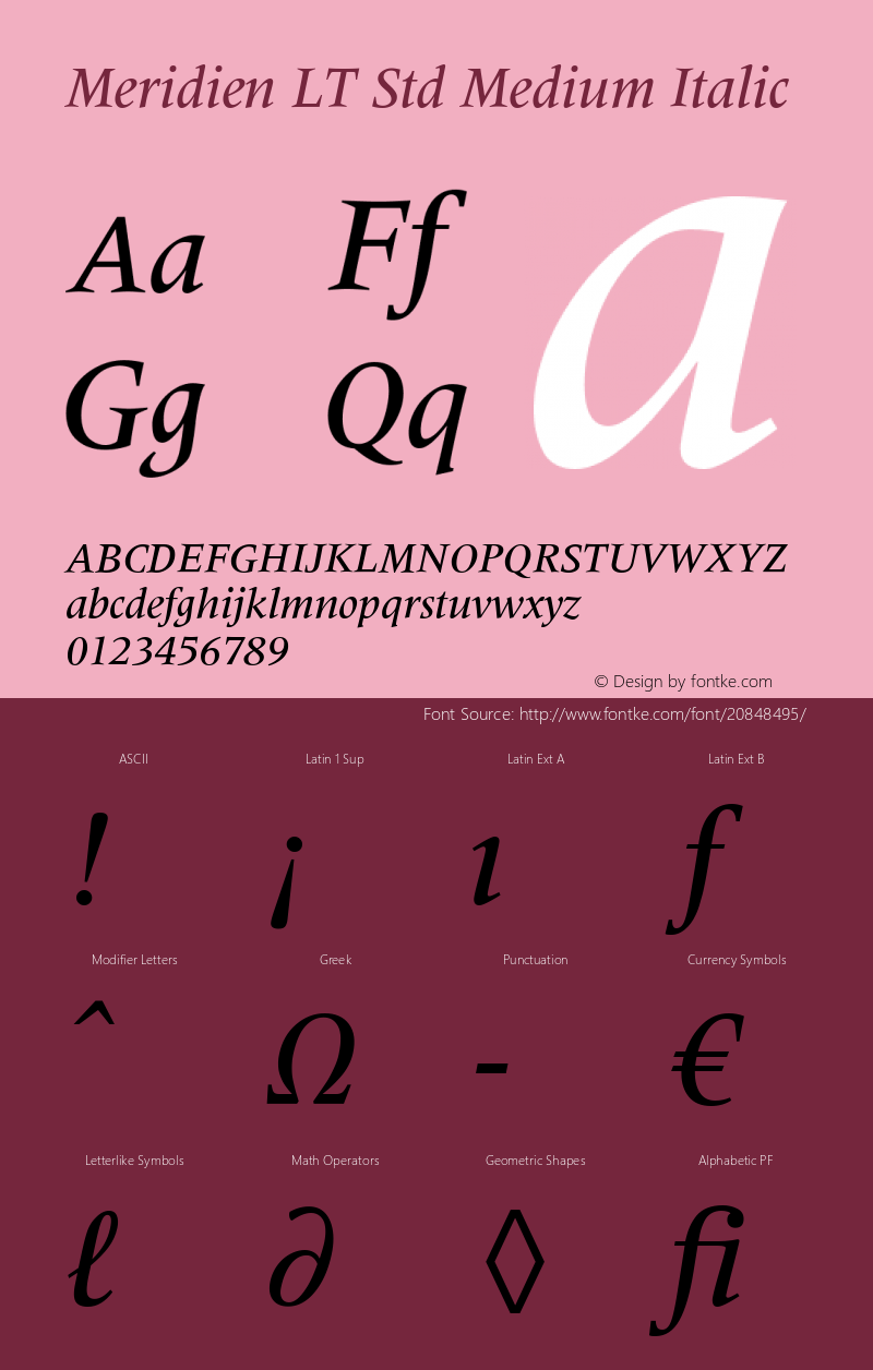 MeridienLTStd-MediumItalic Version 2.035;PS 002.000;hotconv 1.0.51;makeotf.lib2.0.18671 Font Sample