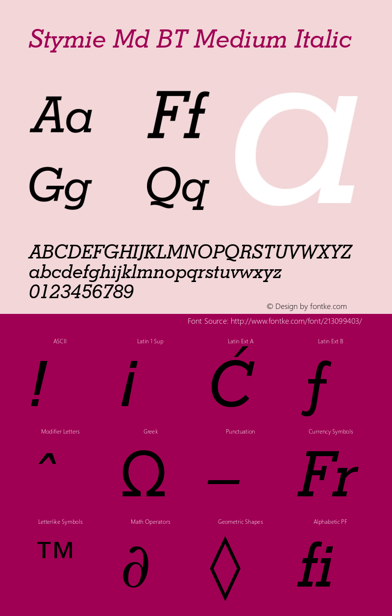 Stymie Md BT Medium Italic Version 1.01 emb4-OT图片样张