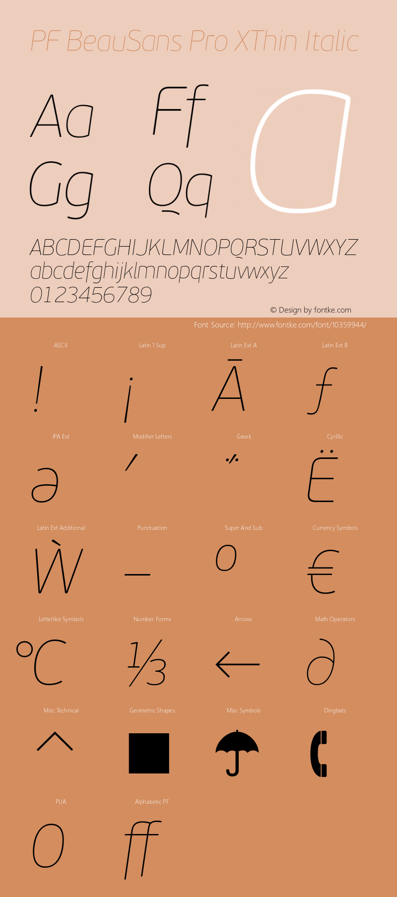 PF BeauSans Pro XThin Italic Version 3.000 2006 initial release Font Sample