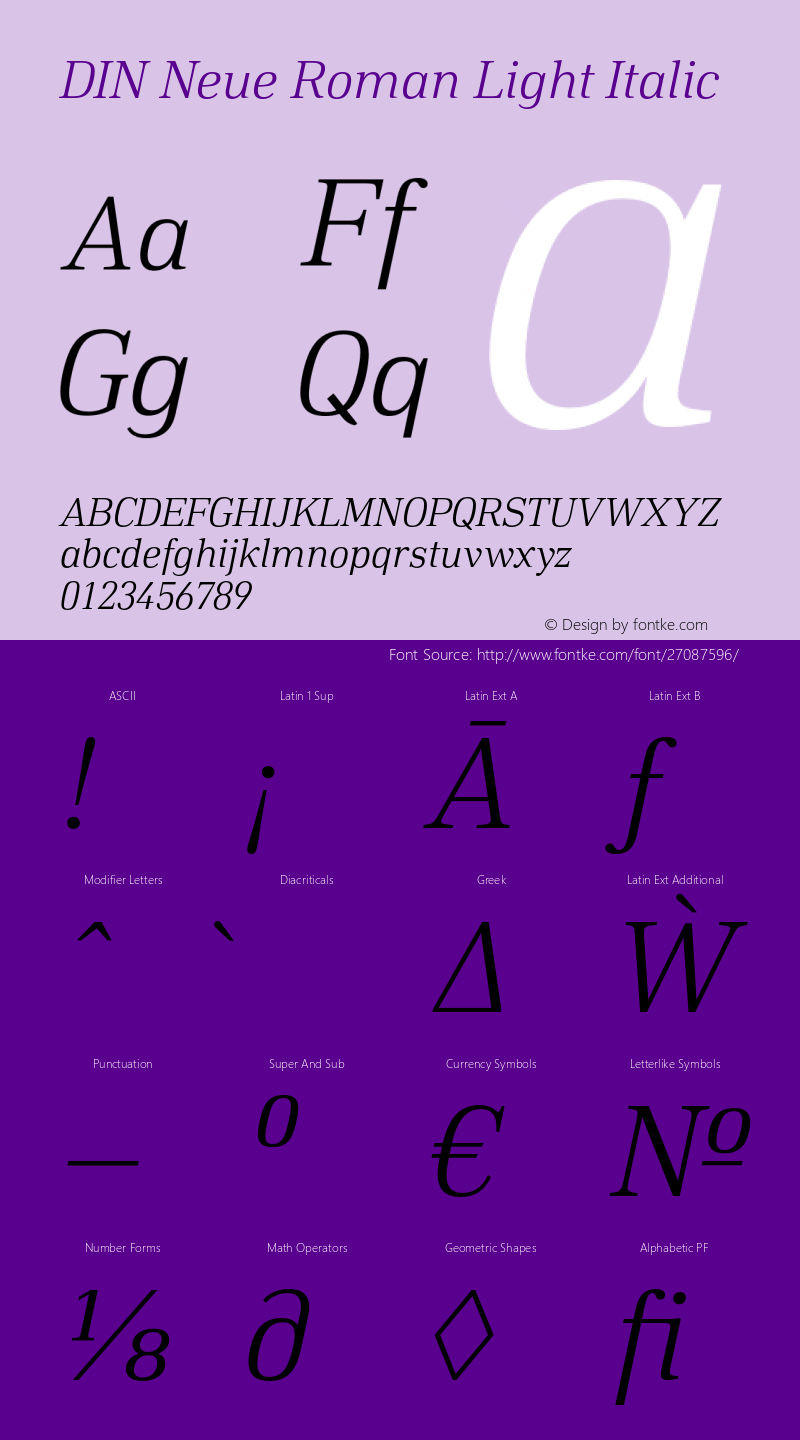 DIN Neue Roman Light Italic Version 1.001;PS 001.001;hotconv 1.0.88;makeotf.lib2.5.64775 Font Sample