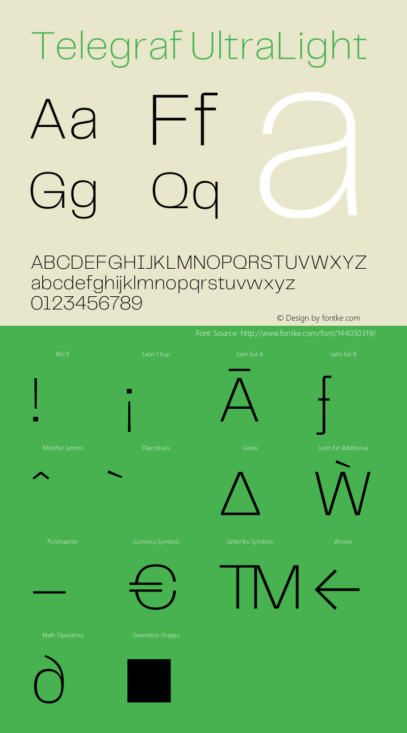 Telegraf UltraLight Version 1.000 Font Sample