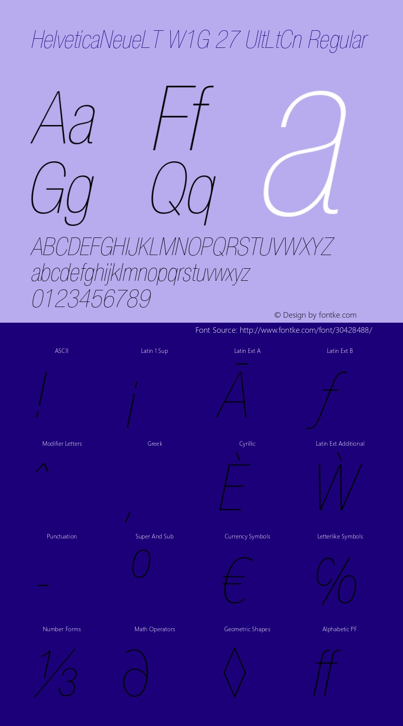 Helvetica NeueLTW0527UltLtCnObl Version 1.00 Font Sample