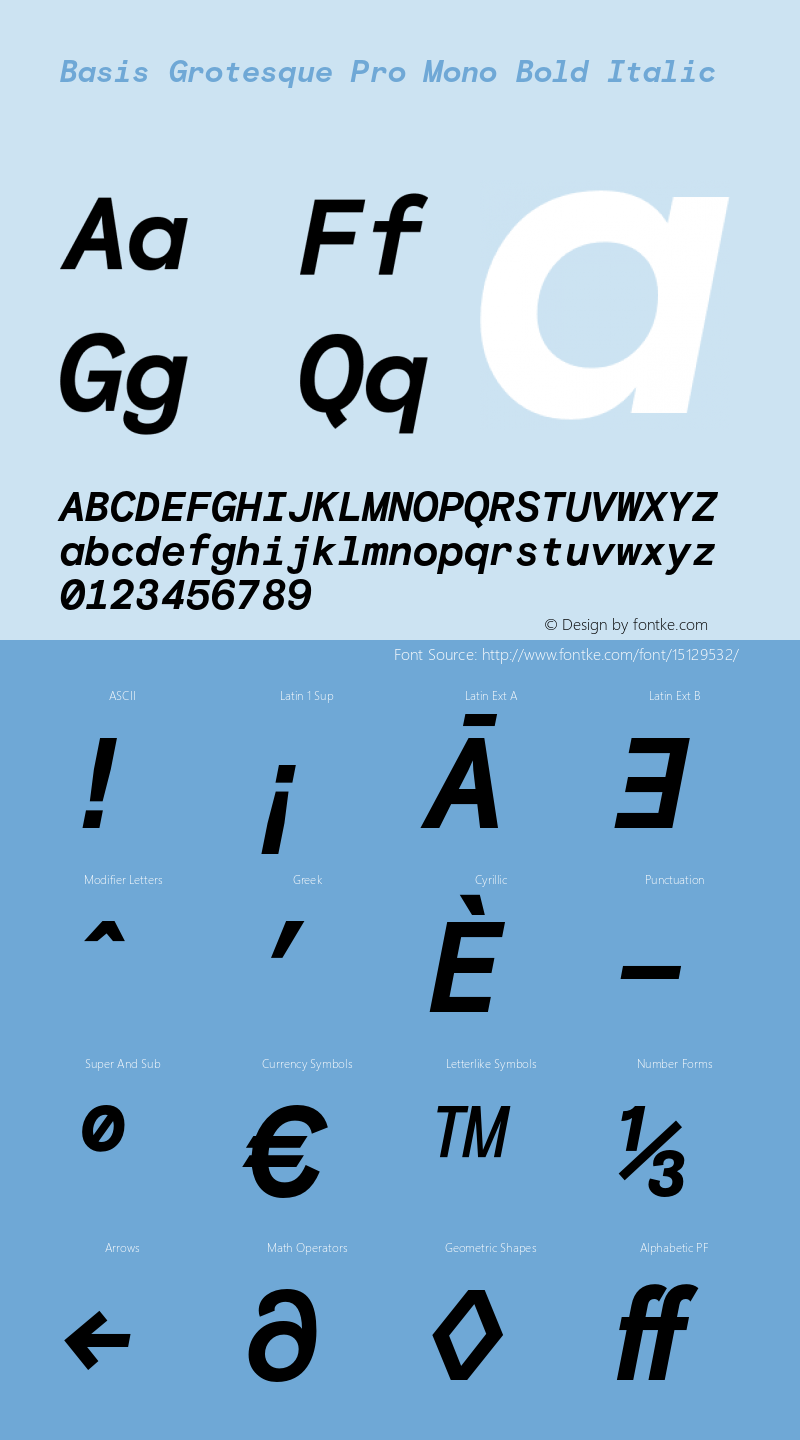 Basis Grotesque Pro Mono Bold Italic Version 1.000 Font Sample