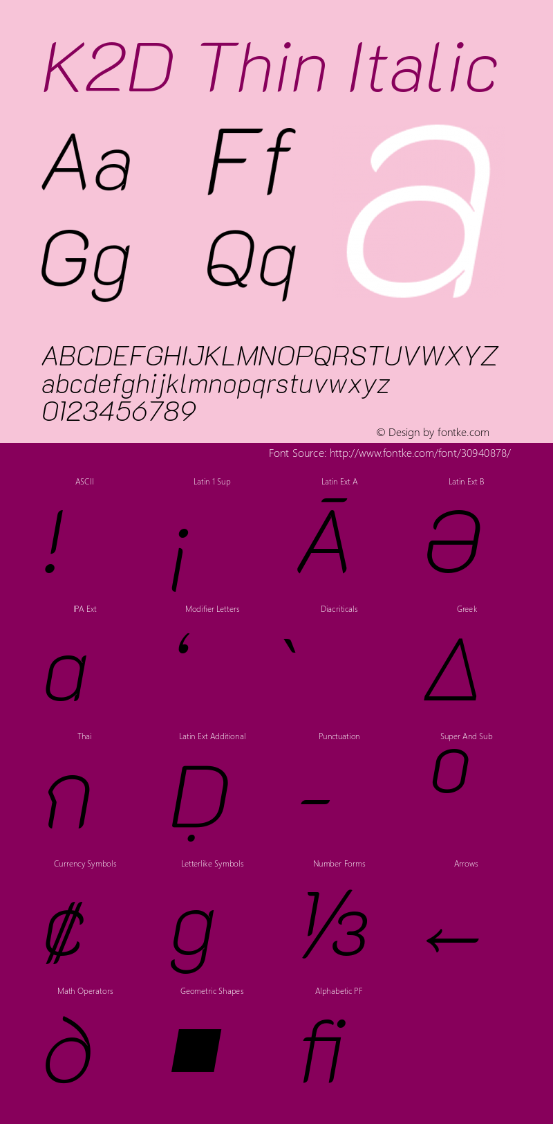 K2D Thin Italic Version 1.000; ttfautohint (v1.6) Font Sample