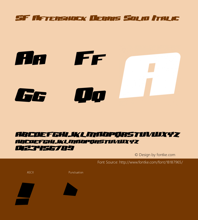 SF Aftershock Debris Solid Italic ver 1.0; 1999. Freeware for non-commercial use. Font Sample
